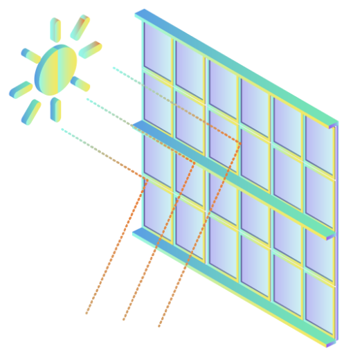 The East and West façades feature rectilinear sun-shading devices in the form of overhangs with varying depths, reducing direct solar heat gain and creating a visually appealing interplay of light and shadow.